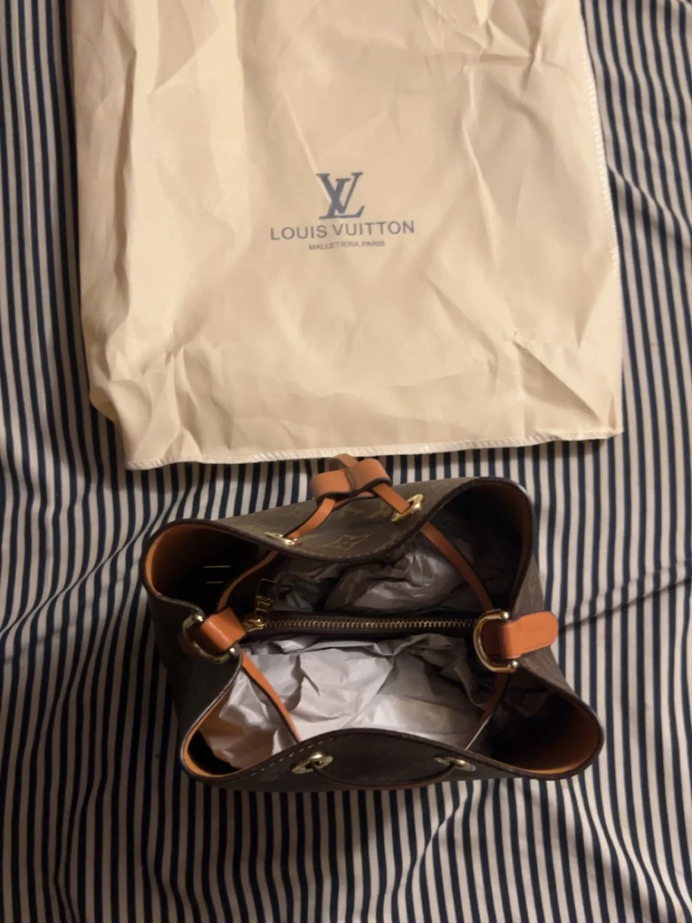 Louis Vuitton Monogram Drawstring Bucket Bag in Brown and Tan